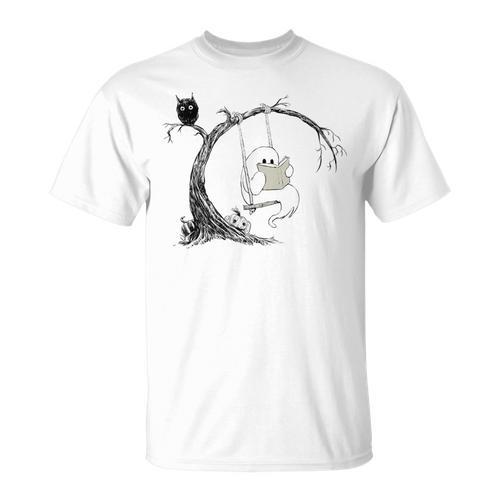 Cute Ghost Swinging Reading Book Halloween Ghost Costume T-Shirt - Bookorys AU