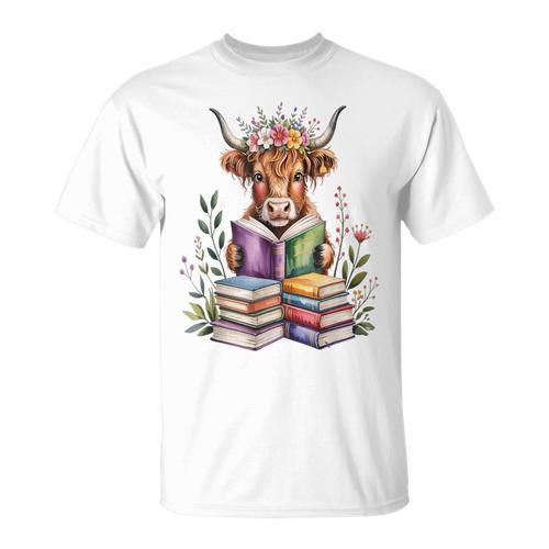 Cute Highland Cow Library Bookworm Librarian Books Reading T-Shirt - Bookorys DE