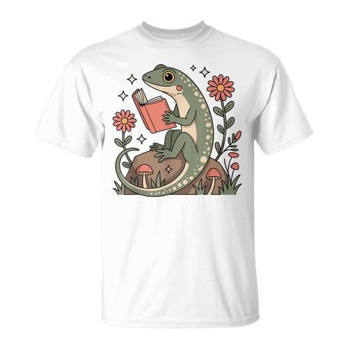 Cute Lizard Gecko Reading Book Cottagecore Aestetic T-Shirt - Bookorys UK