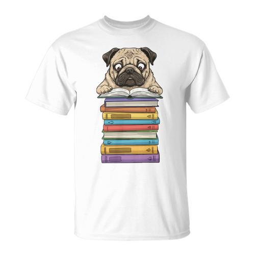 Cute Pug Dog Reading Book On Pile Of Books T-Shirt - Bookorys