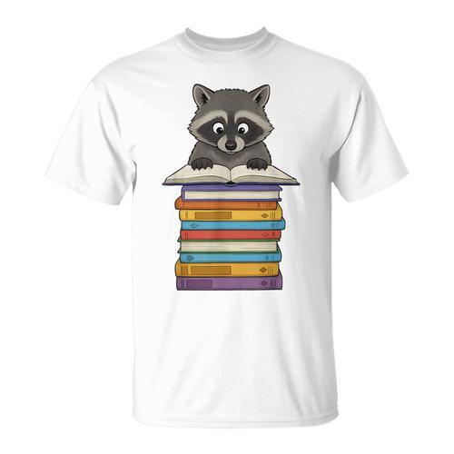 Cute Raccoon Reading On Pile Of Books T-Shirt - Bookorys
