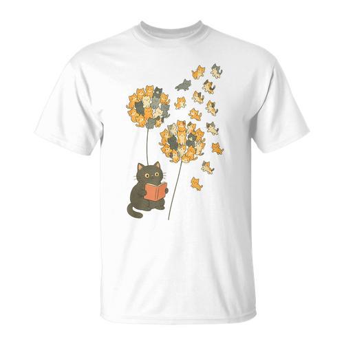 Cute Reading Cat With Kitten Dandelion Flowers Book Lover T-Shirt - Bookorys DE
