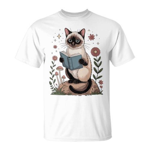 Cute Siamese Cat Reading Book Cottagecore Aestetic T-Shirt - Bookorys AU