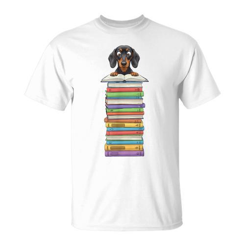 Cute Wiener Dog Dachshund Reading On Pile Of Books T-Shirt - Bookorys CA