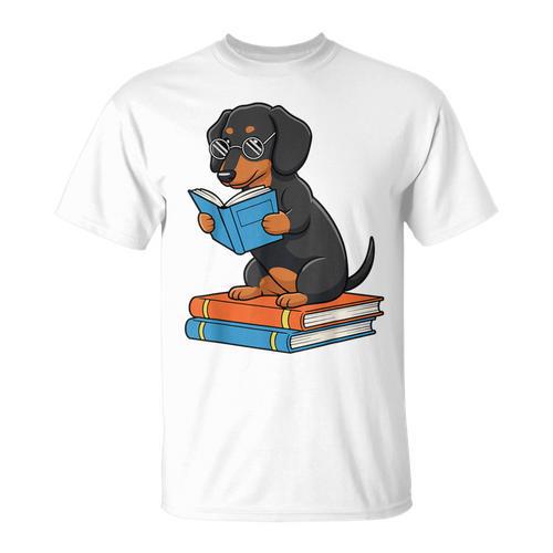 Dachshund Dog With Glasses Reading Book Librarian T-Shirt - Bookorys DE