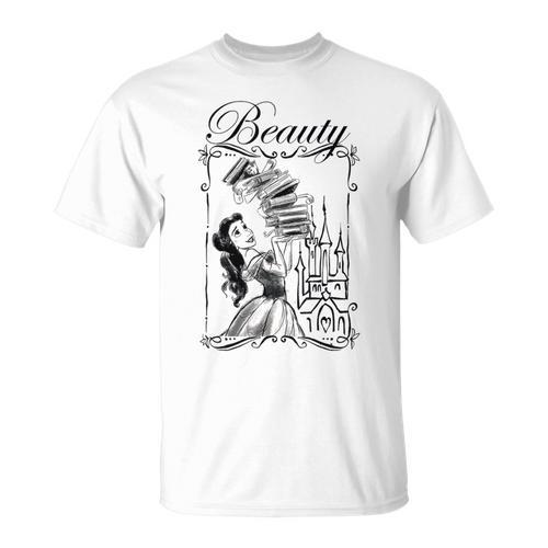 Disney Beauty And The Beast Belle Book Stack Sketch Portrait T-Shirt - Bookorys