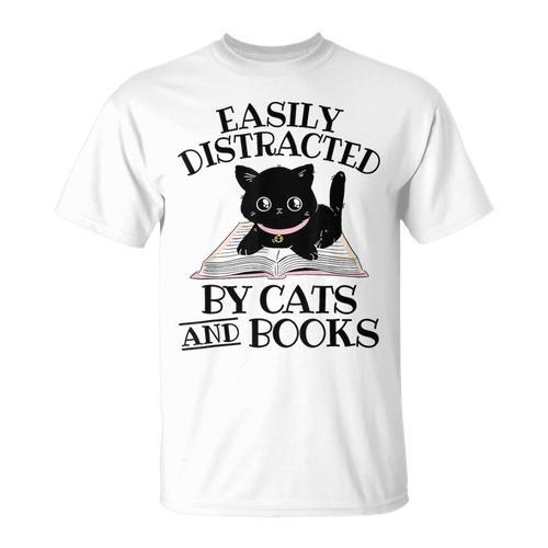 Easily Distracted By Cats And Books Cat Book Lover T-Shirt - Bookorys CA