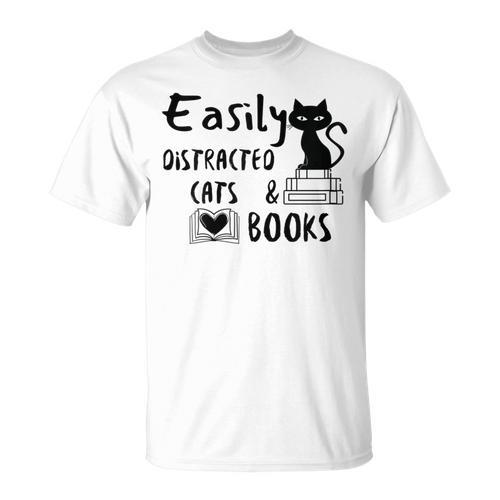 Easily Distracted Cats And Books Funny Book Lover Cat Gifts Women T-Shirt - Bookorys AU
