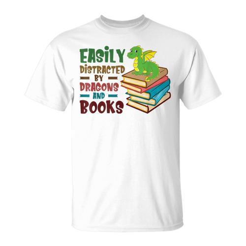 Easily Distracted By Dragons And Books Book Nerd Reading T-Shirt - Bookorys CA