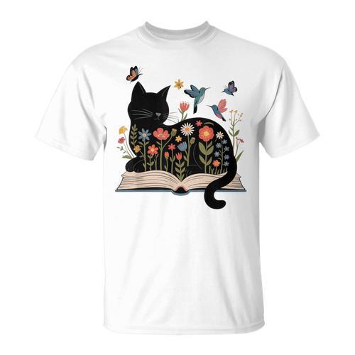 Floral Cat Reading Book Kitten Illustration T-Shirt - Bookorys AU