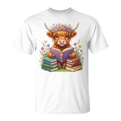 Highland Cow Book Floral Bookworm Librarian Cute Easter Day T-Shirt - Bookorys UK
