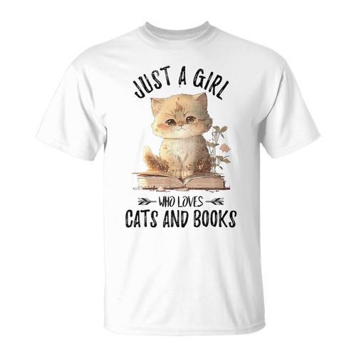 Just A Girl Who Loves Cats And Books Kitties Pet Art Lover T-Shirt - Bookorys