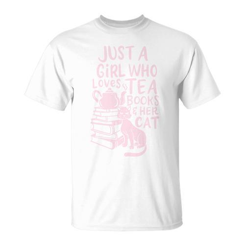 Just A Girl Who Loves Tea Books & Her Cat Cute Tea Drinker T-Shirt - Bookorys