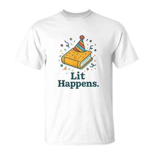 Lit Happens Book Party Hat Confetti Literary Pun T-Shirt - Bookorys CA