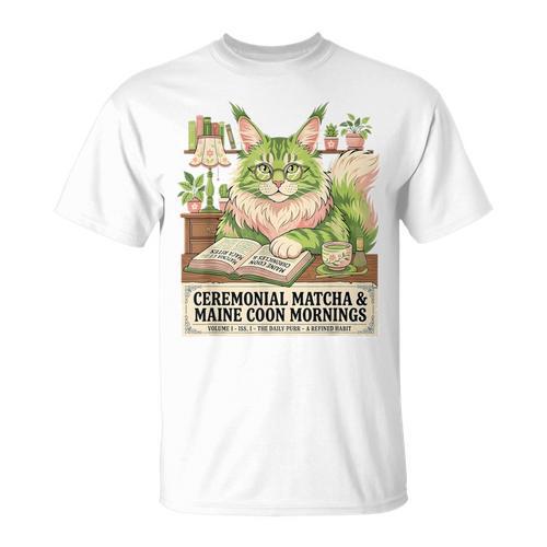 Matcha Drinking Maine Coon Cat Reading Books Aesthetic T-Shirt - Bookorys AU