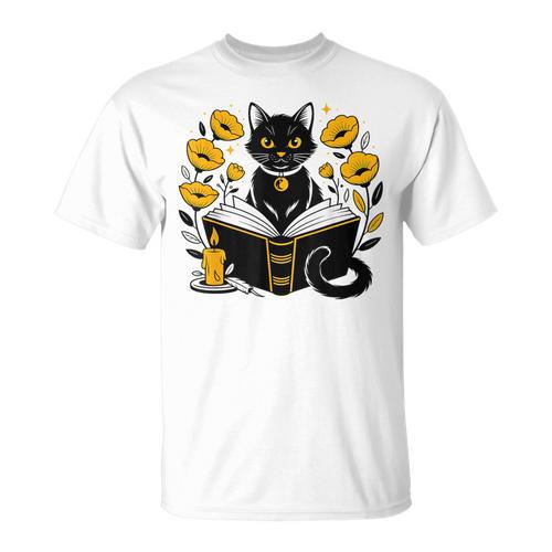 Mystic Cat With Spell Book Candle Flowers Witchcore Men Women Kids T-Shirt - Bookorys AU