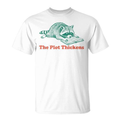 The Plot Thickens Bookish Raccoon Fantasy Book Reader T-Shirt - Bookorys UK