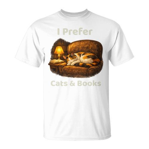 I Prefer Cats & Books – Calico Cat And Book T-Shirt - Bookorys UK