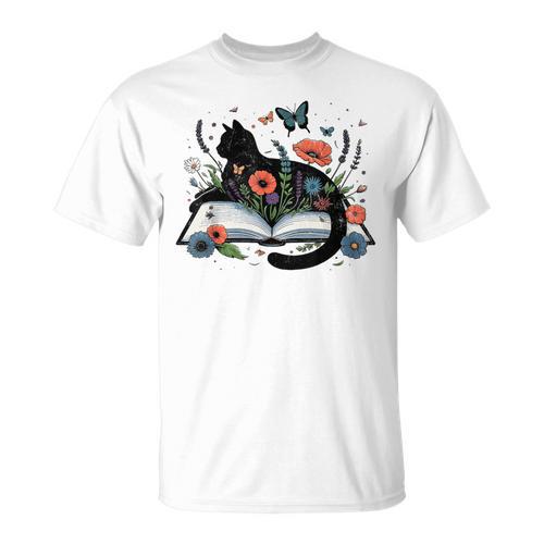 Retro Cute Cat Floral Book Librarian Vintage Floral Cat Book T-Shirt - Bookorys AU