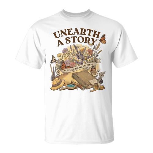 Unearth A Story Summer Reading 2026 Flower Butterfly Book T-Shirt - Bookorys AU
