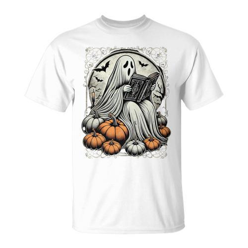 Vintage Ghost Reading Book Pumpkins Goth Halloween Teachers T-Shirt - Bookorys