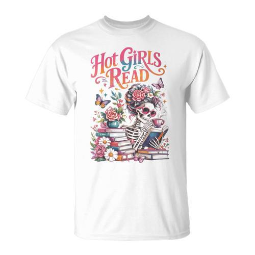 Women's Hot Girls Reader Floral Book Lover Cute Skeleton Reading T-Shirt - Bookorys DE