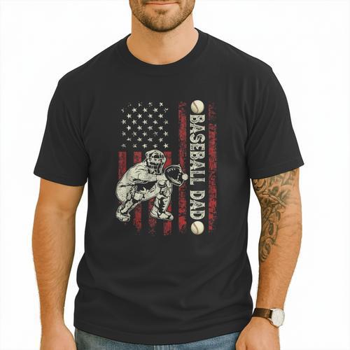 Fathers Day Baseball Dad Flag Dad Men Baseball Catcher Men T-Shirt - Sportilla