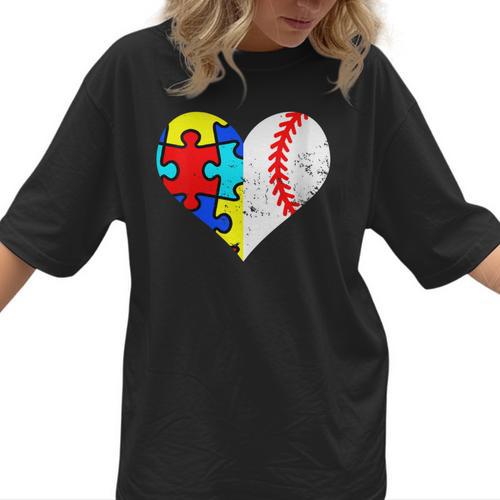 Autism Baseball Heart Autism Puzzle Baseball Mom Women T-Shirt  - Sportilla