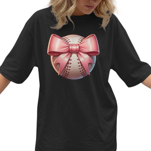 Baseball Mom Coquette Pink Bow Baseball Mom Women T-Shirt  - Sportilla