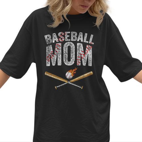 Baseball Mom Crossed Bats With Ball On Fire Distressed Women T-Shirt - Sportilla