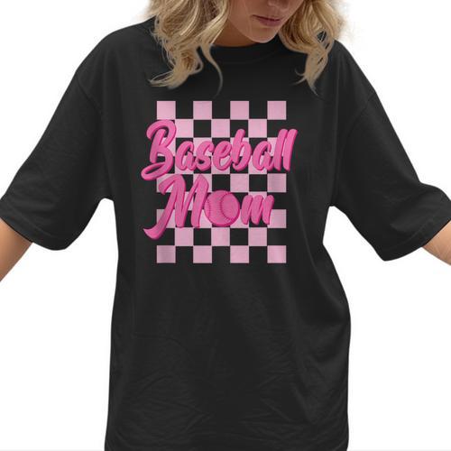 Baseball Mom And Pink Grid Sports Mother Mama Player Women T-Shirt  - Sportilla
