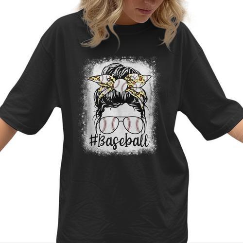 Leopard Messy Bun Mom Mother's Day Baseball Mommy Women T-Shirt  - Sportilla