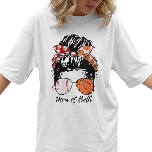 Baseball Mom Basketball Mom Of Both Messy Bun Mother's Day Women T-Shirt - Sportilla