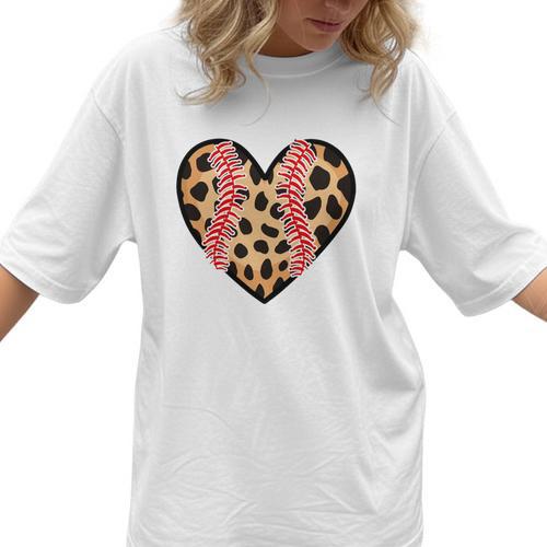 Baseball Mom Leopard Heart Valentine Day Mother Day Women T-Shirt  - Sportilla