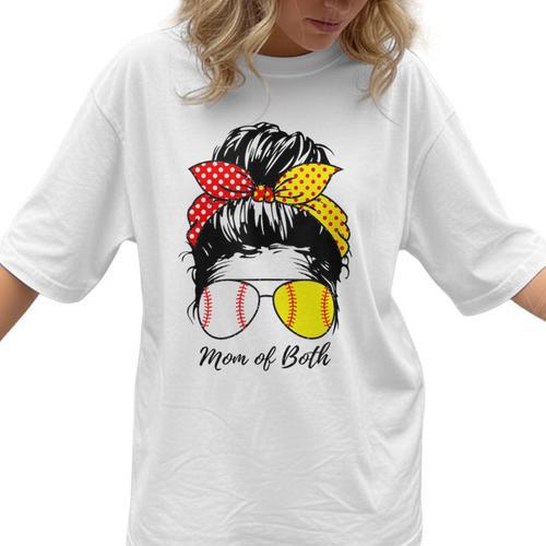 Baseball Mom Softball Mom Of Both Messy Bun Mother's Day Women T-Shirt - Sportilla
