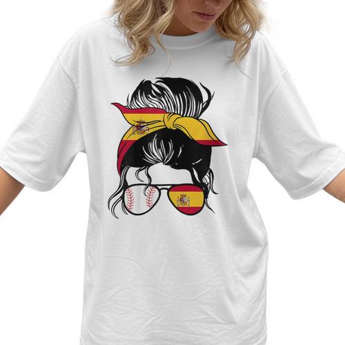 Spanish Baseball Mom Messy Bun Spain Baseball Girl Women T-Shirt - Sportilla