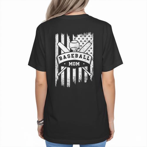Baseball MOM Cool USA American Flag Family Reunion Women's T-Shirt Back Print - Sportilla