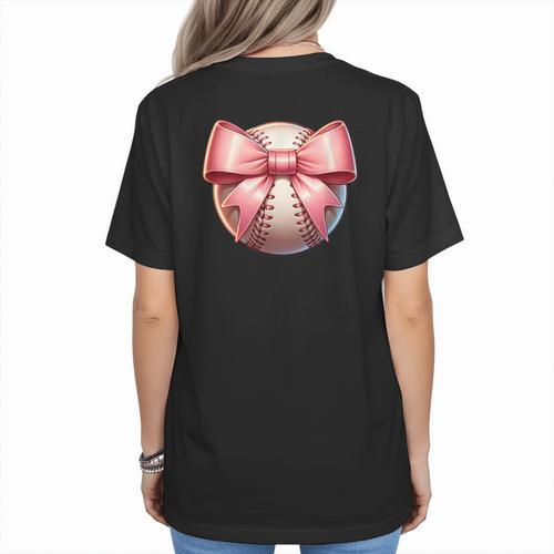 Baseball Mom Coquette Pink Bow Baseball Mom Women's T-Shirt Back Print - Sportilla
