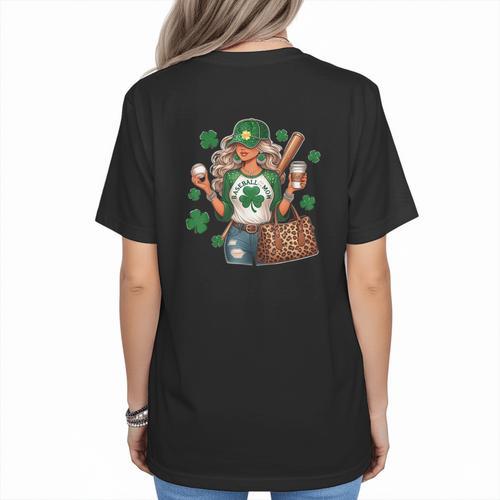 Baseball Mom Green Shamrock St Patrick Day Women Women's T-Shirt Back Print - Sportilla