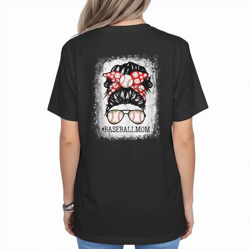 Baseball Mom Messy Bun Hair Player Mom Women's T-Shirt Back Print - Sportilla
