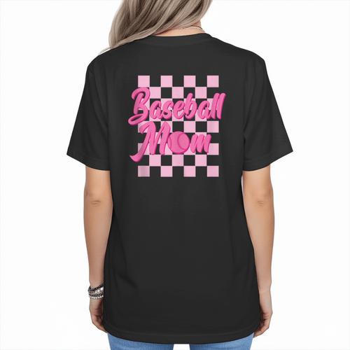 Baseball Mom And Pink Grid Sports Mother Mama Player Women's T-Shirt Back Print - Sportilla
