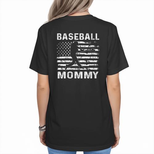 Baseball Mommy Mom USA Flag 4th Of July Women's T-Shirt Back Print - Sportilla