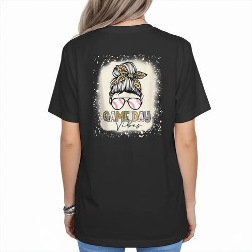 Bleached Messy Bun Game Day Vibes Baseball Mom Game Day Women's T-Shirt Back Print - Sportilla