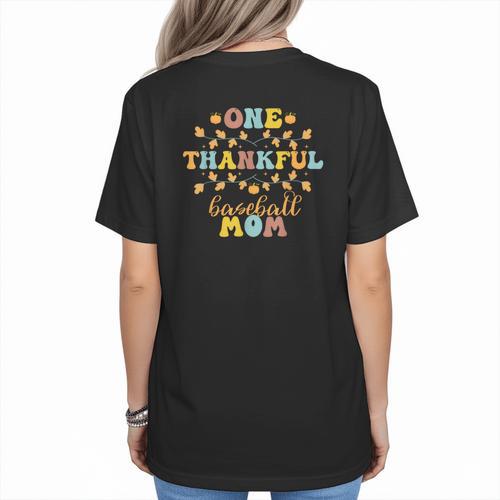 Groovy Retro One Thankful Baseball Mom Thanksgiving Fall Women's T-Shirt Back Print - Sportilla