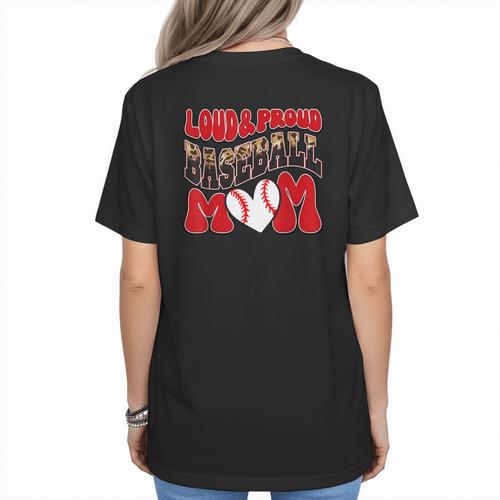 Loud Proud Baseball Mom Red Team Leopard Baseball Mom Squad Women's T-Shirt Back Print - Sportilla
