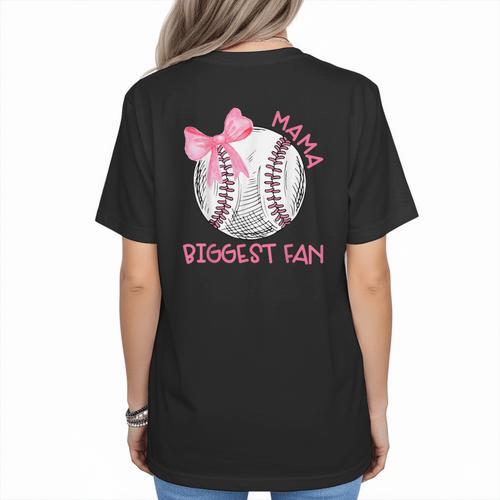 Mama Biggest Fan Coquette Bow Baseball Mom Fan Mother's Day Women's T-Shirt Back Print - Sportilla
