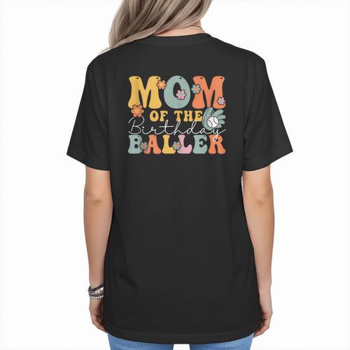 Mom Of The Birthday Baller Groovy Baseball Mom Women's T-Shirt Back Print - Sportilla