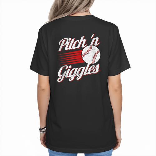 Pitch 'n Giggles Baseball Player Women Baseball Mom Women's T-Shirt Back Print - Sportilla