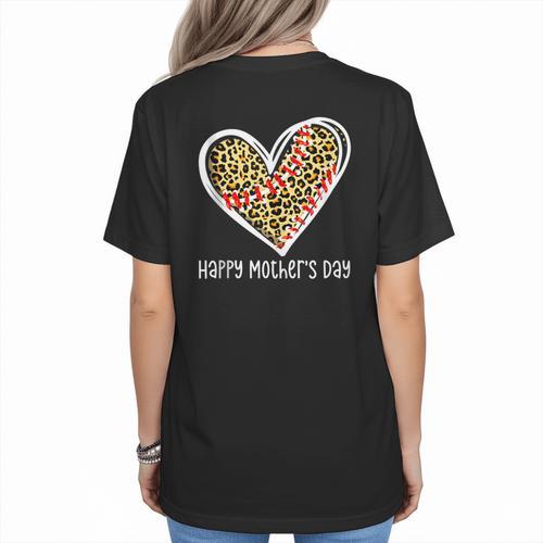 Softball Baseball Mom Valentine Leopard Heart Mother's Day Women's T-Shirt Back Print - Sportilla