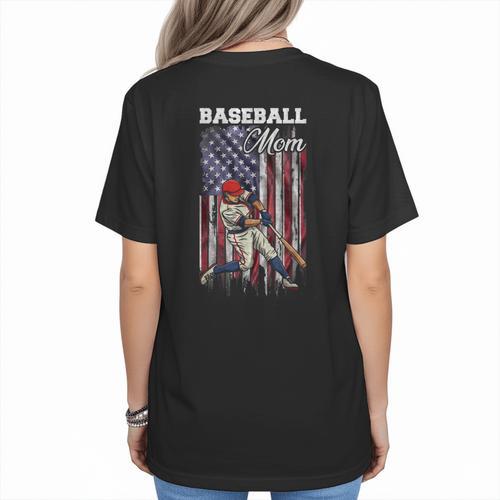 Vintage USA Flag Baseball Player Proud Baseball Mom Women's T-Shirt Back Print - Sportilla